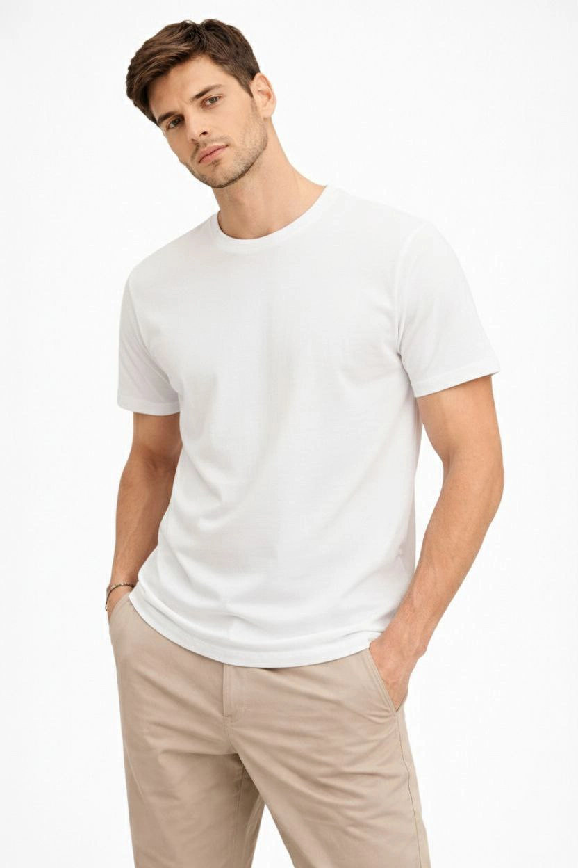 Erkek Bisiklet Yaka Yazlık Kısa kol Düz Tişört Regular Kalıp T-shirt - Beyaz