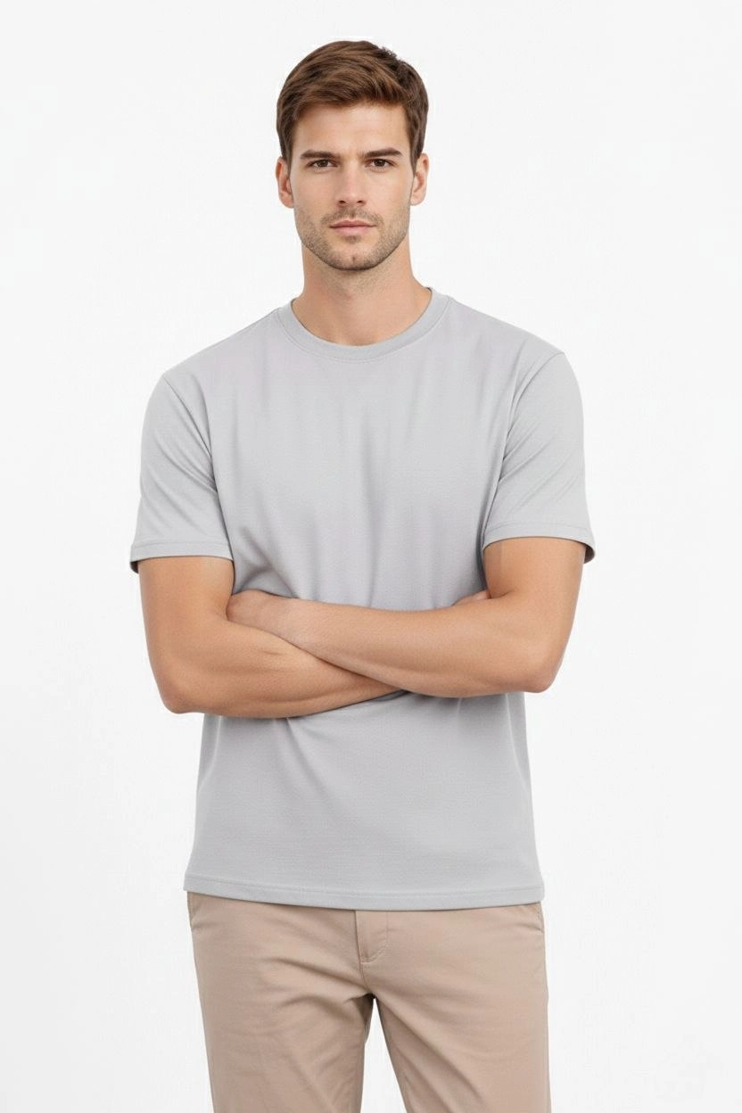 Erkek Bisiklet Yaka Yazlık Kısa kol Düz Tişört Regular Kalıp T-shirt - Gri