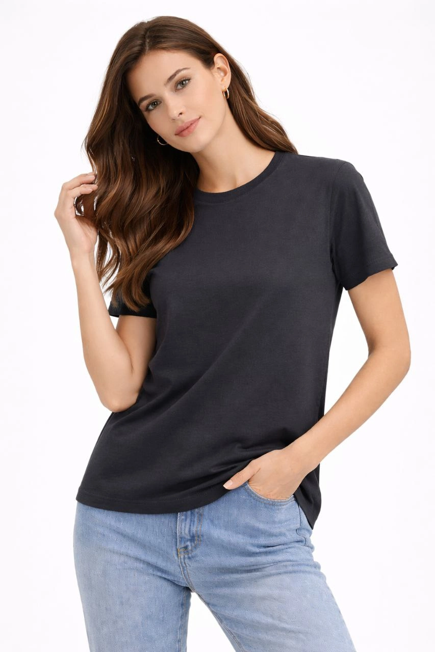 Kadın Bisiklet Yaka Yazlık Kısa kol Düz Tişört Regular Kalıp T-shirt - Füme