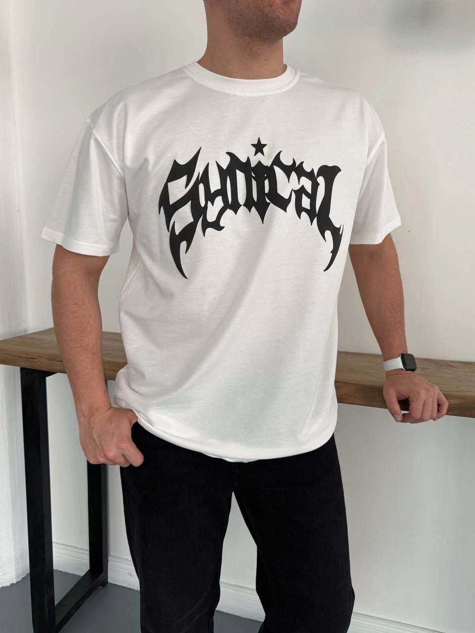 Erkek Kısa Kol Yazlık Tişört Bisiklet Yaka Baskılı Oversize T-Shirt - Beyaz
