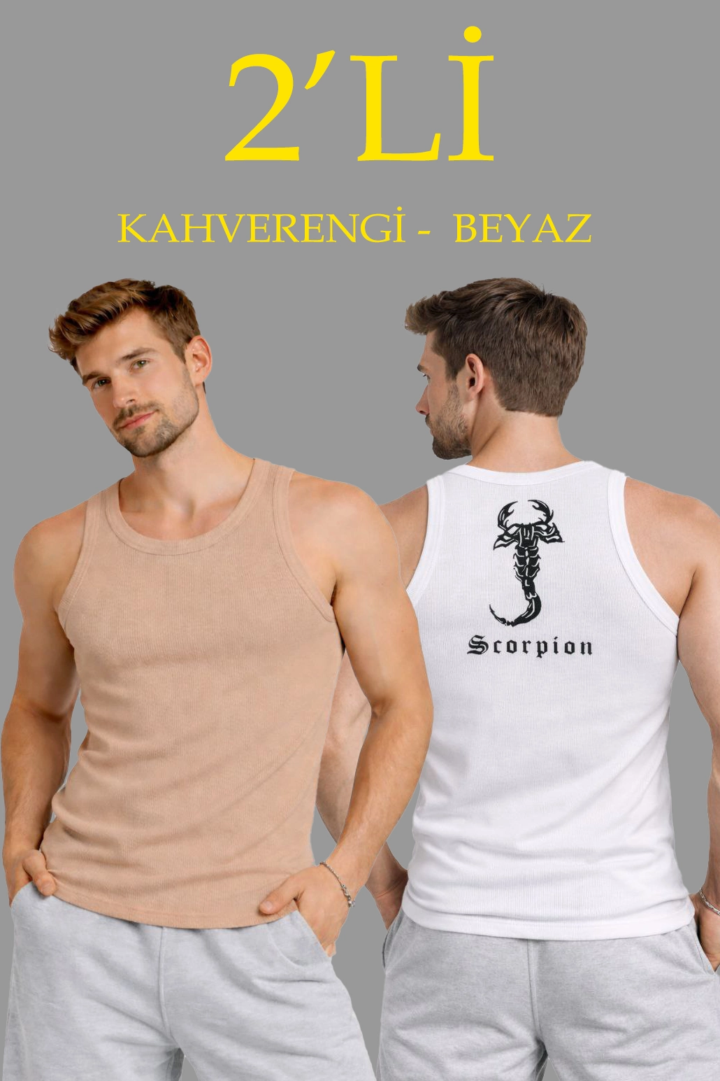 Erkek Spor Slimfit Fitilli Kaşkorse Arka Basklı Atlet 2'li Set Kahverengi-Beyaz