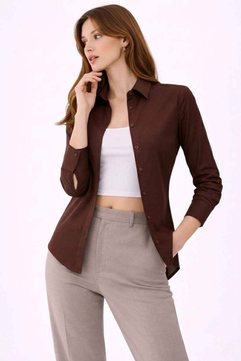 Kadın Uzun Kol Gömlek Düğmeli Klasik Yaka Günlük ve Ofis Şıklığına uygun - Kahverengi