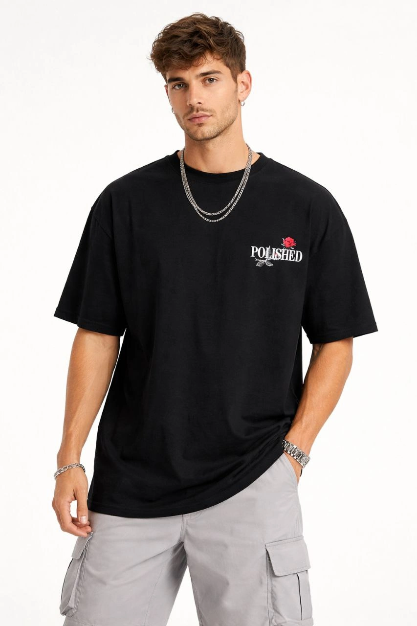 Erkek Kısa Kol Yazlık Tişört Bisiklet Yaka Baskılı Oversize T-Shirt - Siyah
