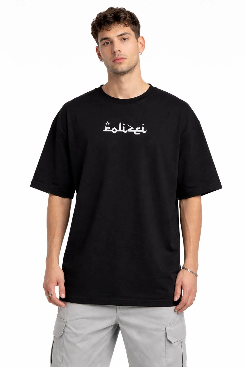 Erkek Kısa Kol Yazlık Tişört Bisiklet Yaka Baskılı Oversize T-Shirt - Siyah