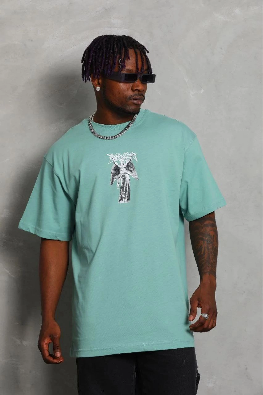Erkek Baskılı T-Shirt Kısa Kol Bisiklet Yaka Regular Fit Tişört - Mint Yeşili