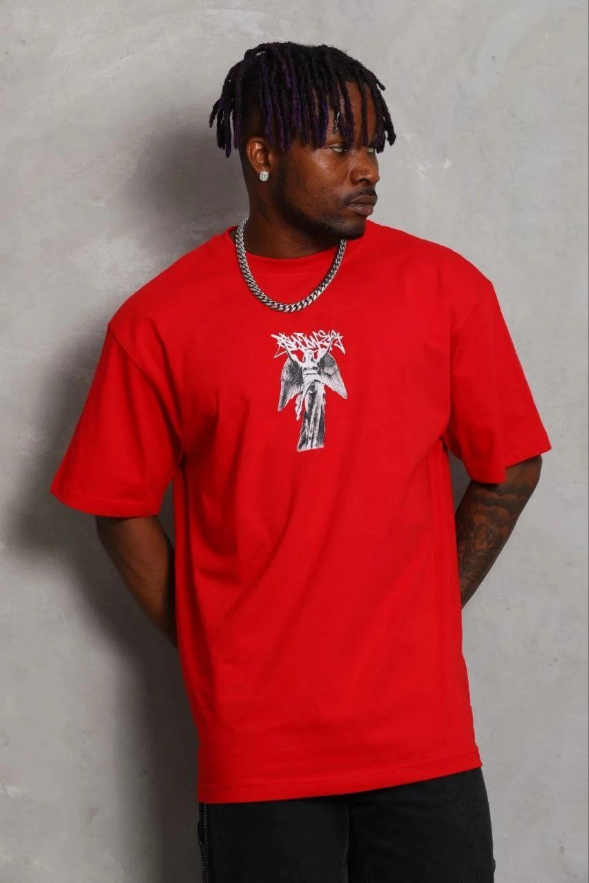 Erkek Baskılı T-Shirt Kısa Kol Bisiklet Yaka Regular Fit Tişört - Kırmızı