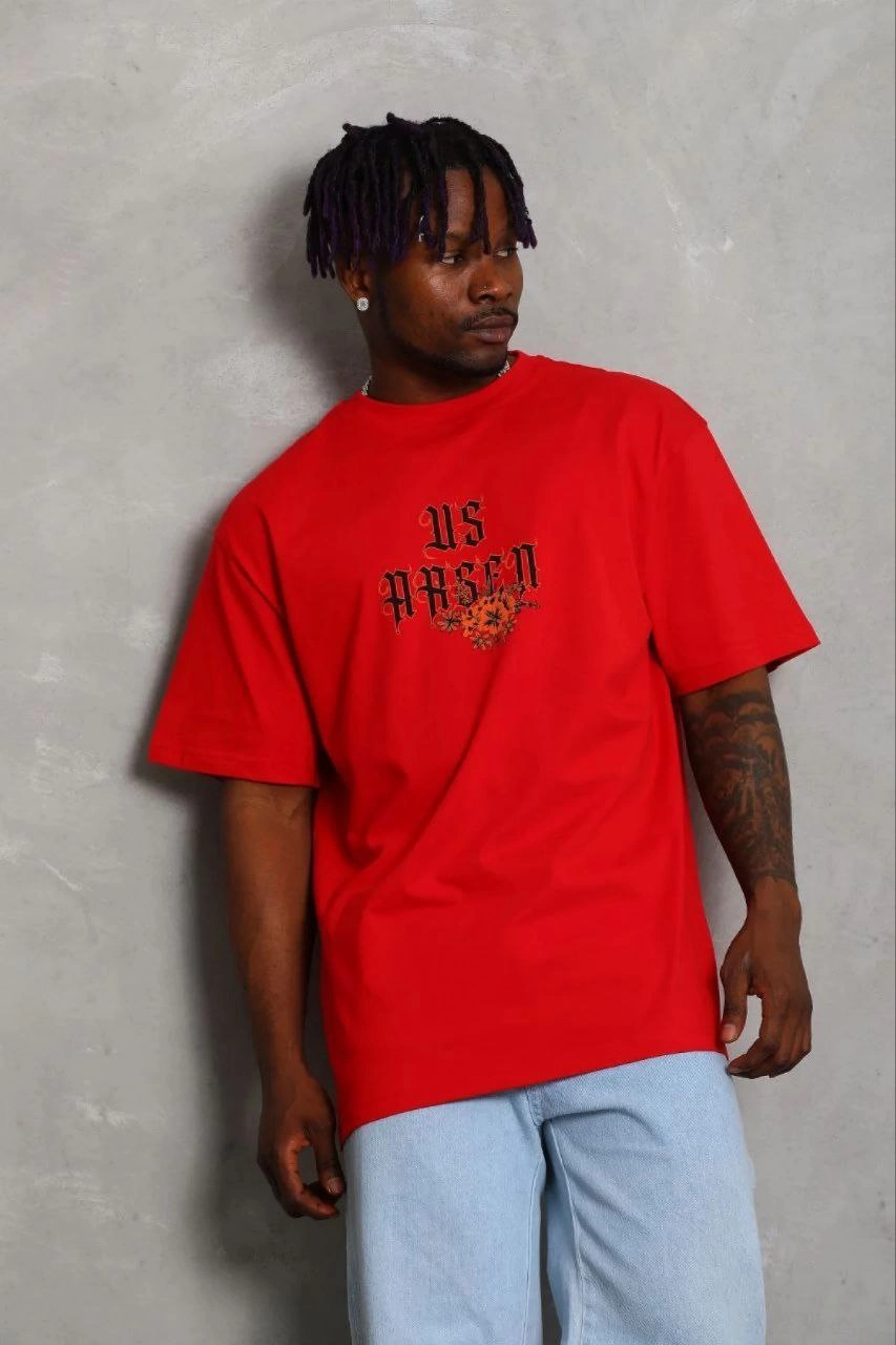 Erkek Baskılı T-Shirt Kısa Kol Bisiklet Yaka Regular Fit Tişört - Kırmızı