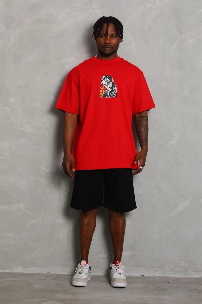 Erkek Baskılı T-Shirt Kısa Kol Bisiklet Yaka Regular Fit Tişört - Kırmızı