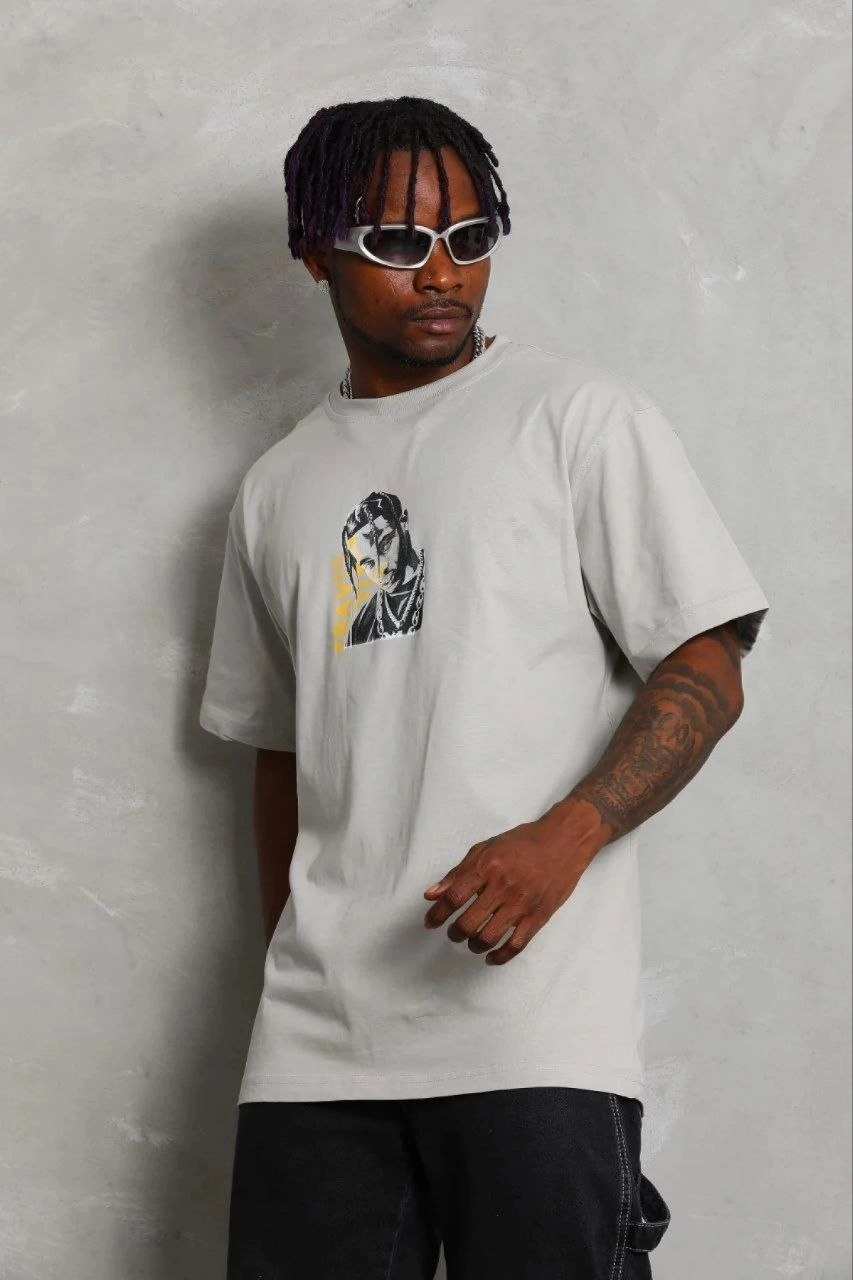 Erkek Baskılı T-Shirt Kısa Kol Bisiklet Yaka Regular Fit Tişört - Gri