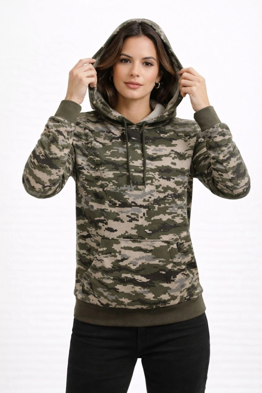 Kadın Kamuflaj Desenli 2 İplik 4 Mevsim Kapüşonlu Kanguru Cepli Hoodie Sweatshirt - Kamuflaj