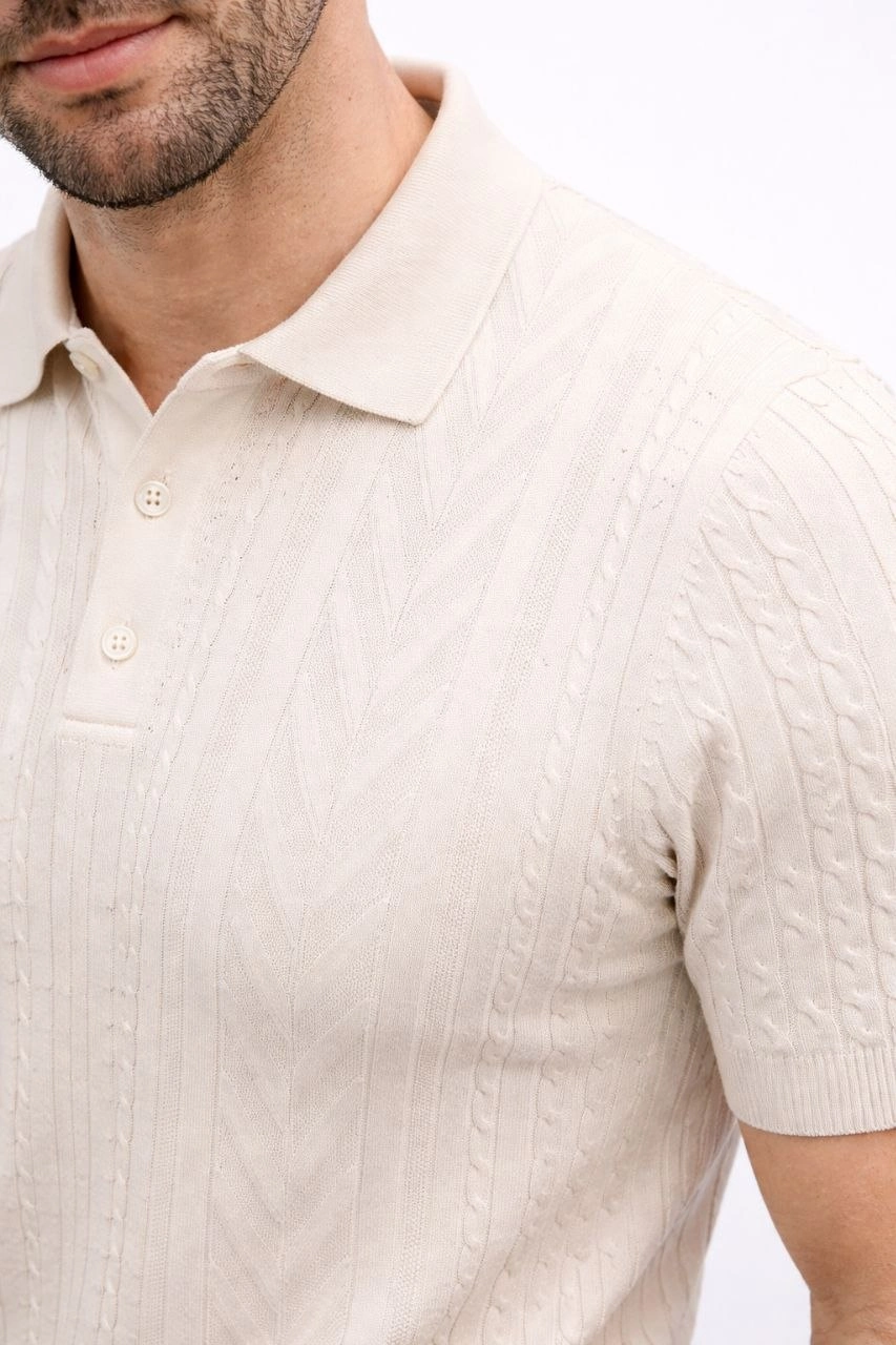 Erkek Yazlık Triko Tişört Kısa Kol Polo Yaka Düğmeli T-Shirt - Krem