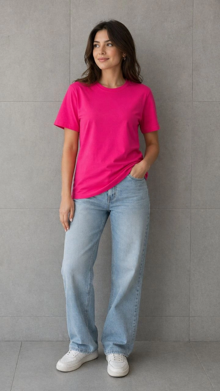 Kadın Basic Pamuklu Tişört Bisiklet Yaka Düz Renk Relaxed Fit T-Shirt - Fuşya