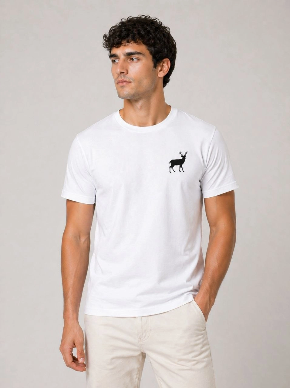Erkek Minimal Geyik Logolu Tişört Bisiklet Yaka Kısa kol Yazlık T-Shirt - Beyaz