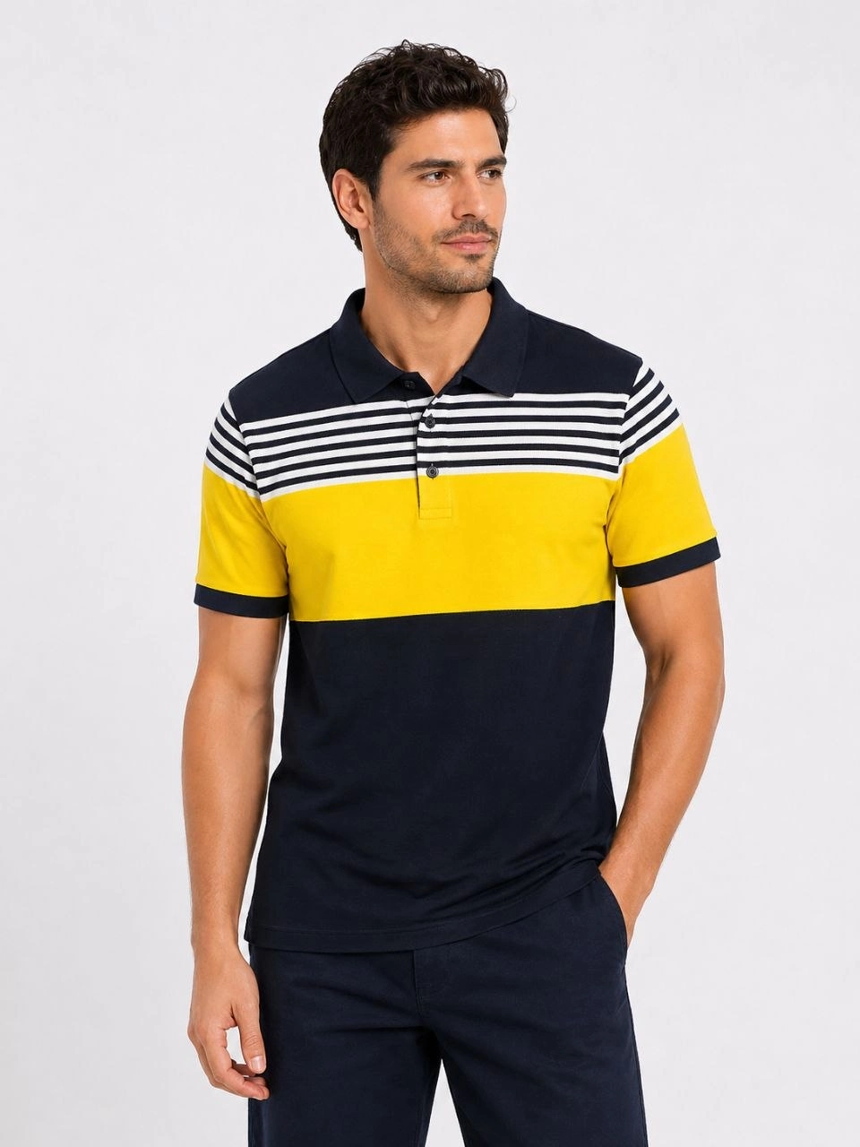 Erkek Pike Kumaş Çizgili Polo Yaka Tişört Kısa Kol Yazlık T-Shirt - Lacivert