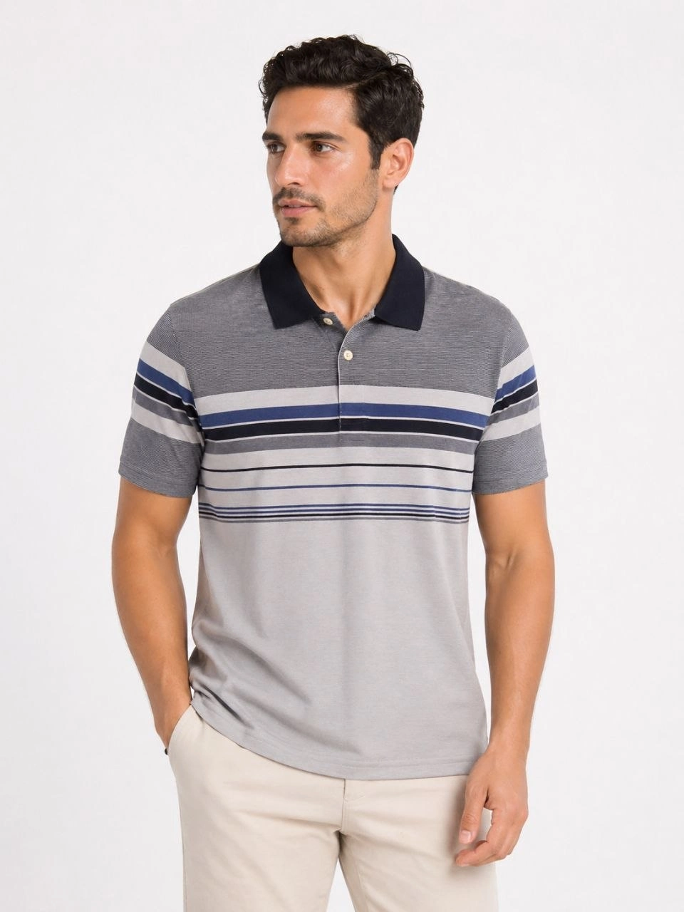 Erkek Flamlı Penye Çizgili Polo Yaka Tişört Kısa Kol Yazlık T-Shirt - Gri