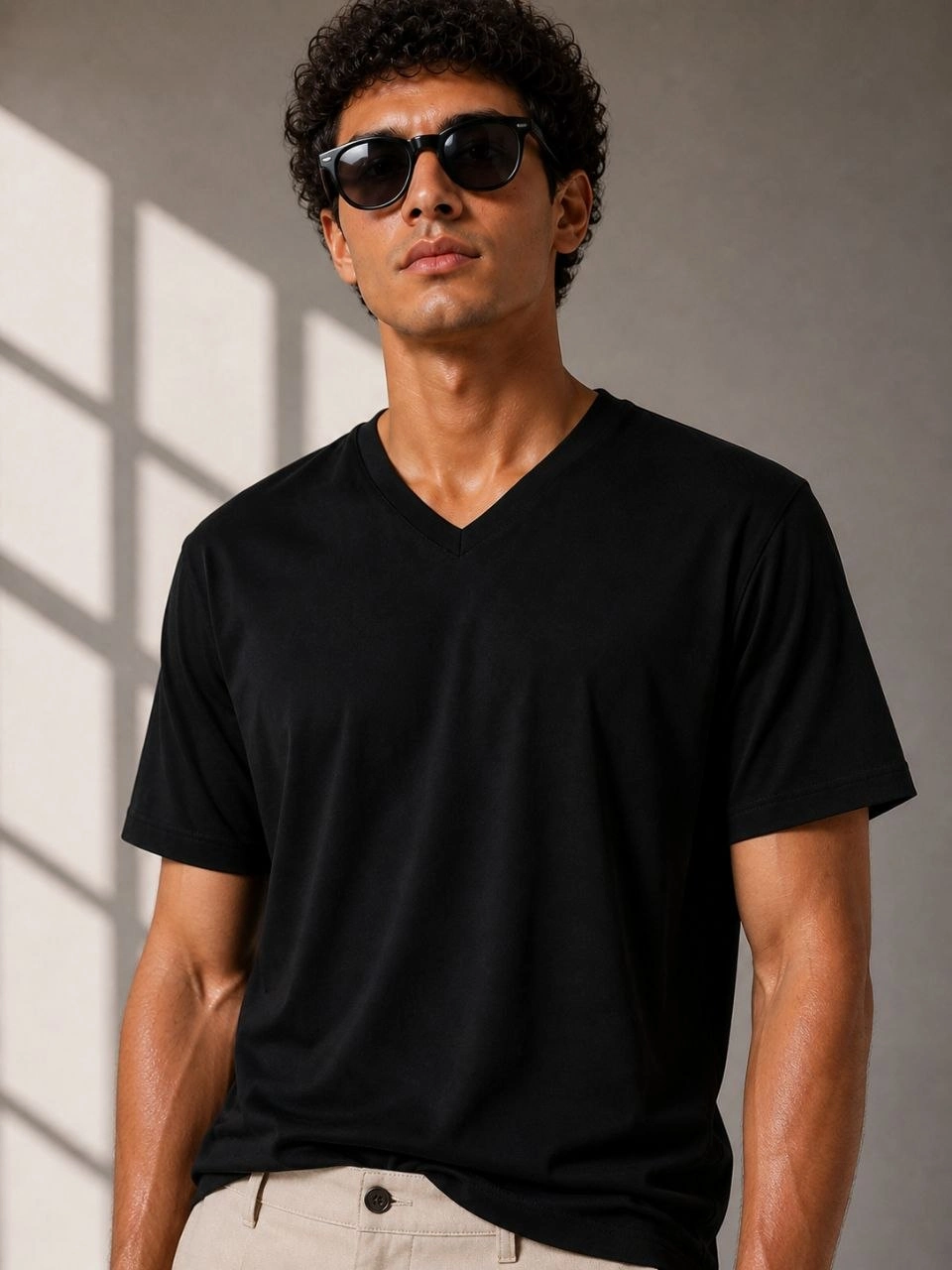Erkek V Yaka Basic Tişört Kısa Kol Yazlık Regular Fit T-Shirt - Siyah