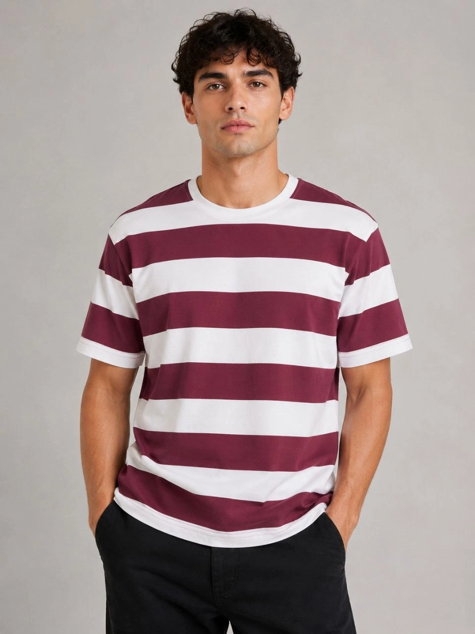 Erkek Çizgili Oversize Tişört Bisiklet Yaka Kısa Kol Yazlık T-Shirt - Bordo