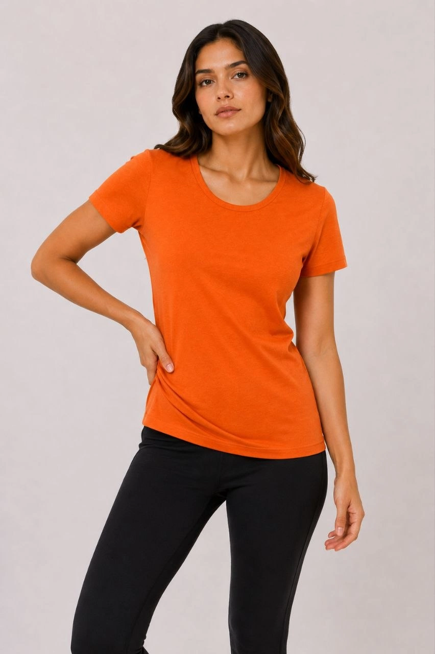 Kadın Basic Tişört Bisiklet Yaka Kısa Kol Günlük Yazlık Slim fit T-Shirt - Turuncu