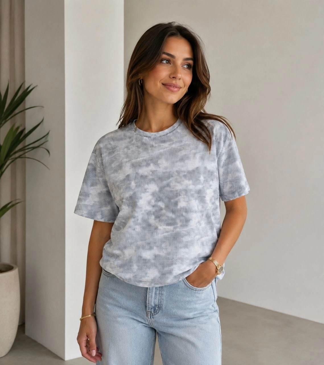 Kadın Batik Desenli Tişört Bisiklet Yaka Kısa Kol Regular Fit T-shirt - Gri