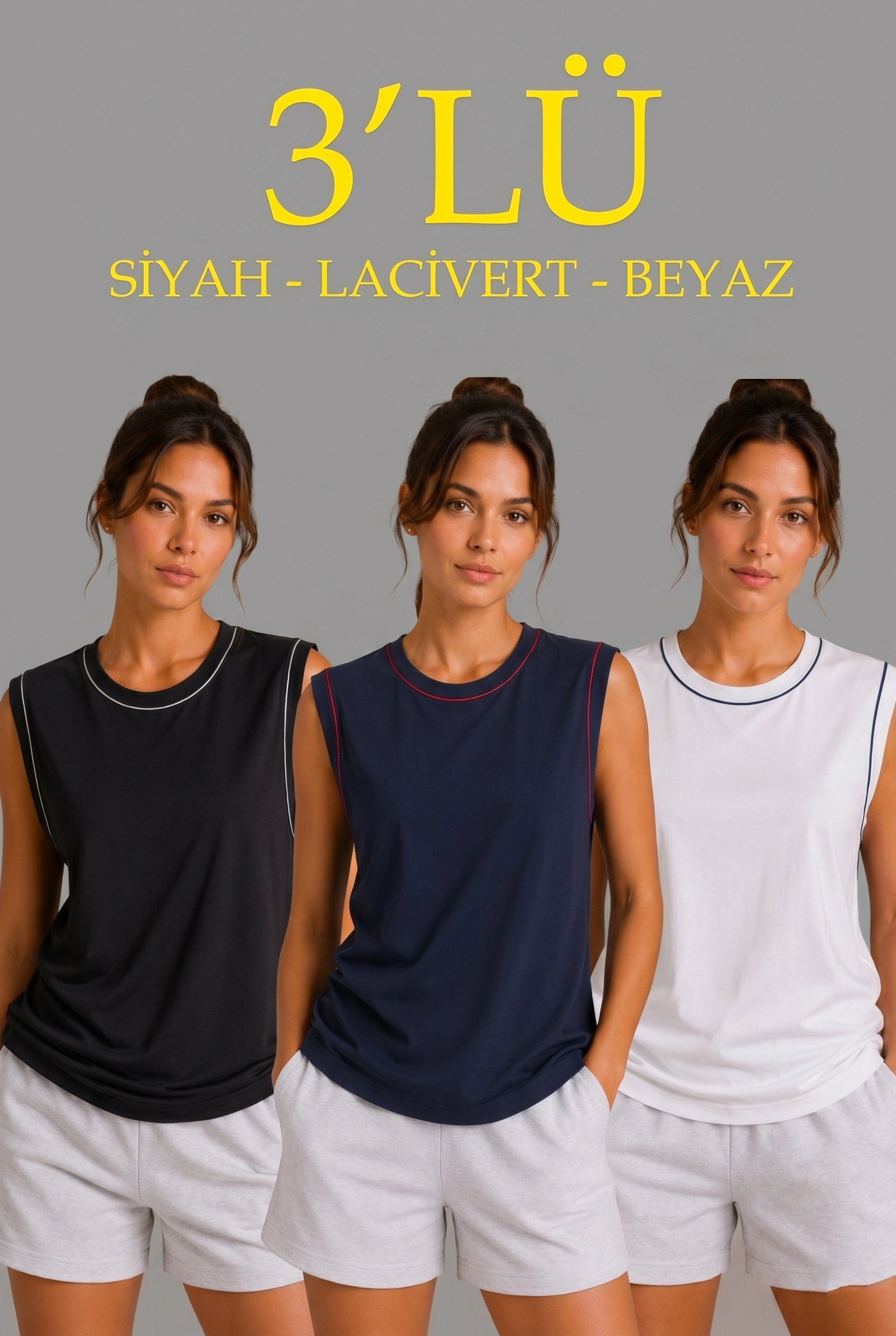 Kadın 3’lü Kolsuz Sporcu Atlet Seti Yazlık Bisiklet Yaka - Siyah, Lacivert, Beyaz