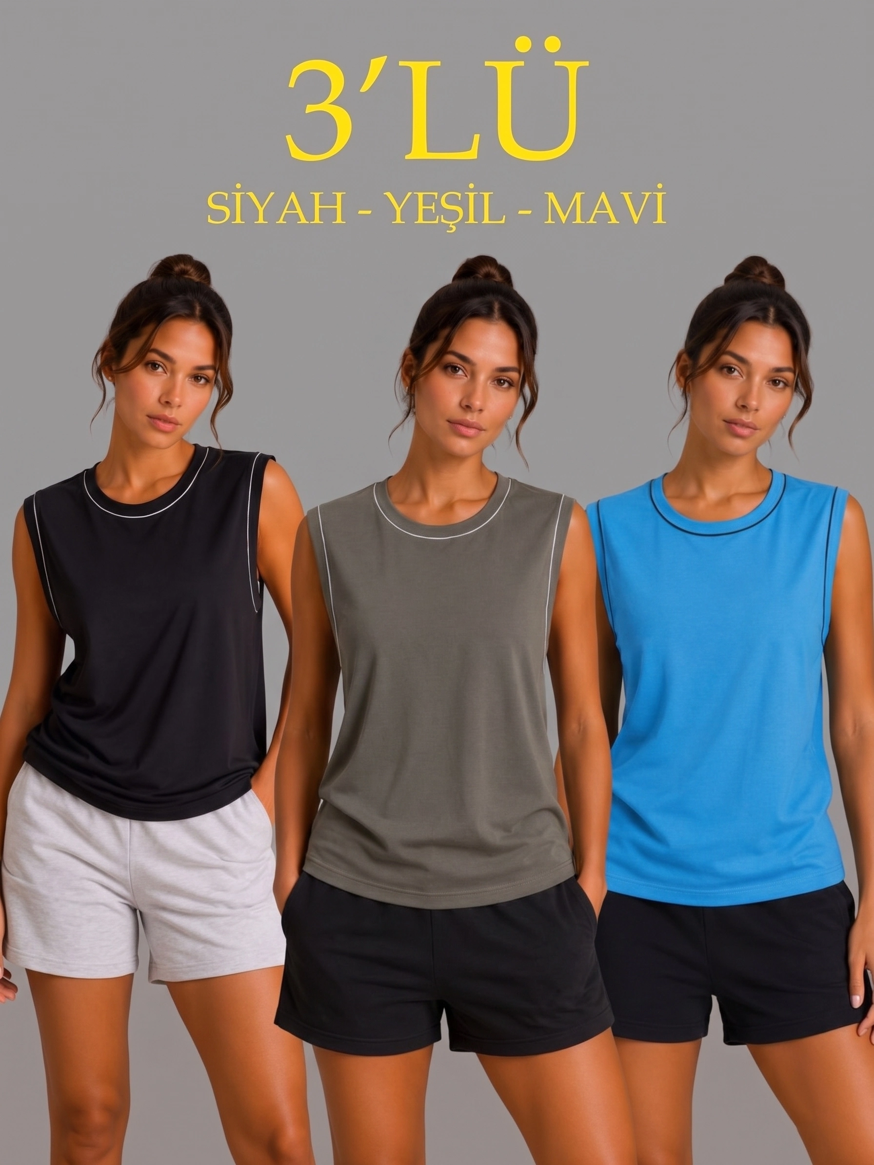 Kadın 3’lü Kolsuz Sporcu Atlet Seti Yazlık Bisiklet Yaka - Siyah, Haki, Mavi