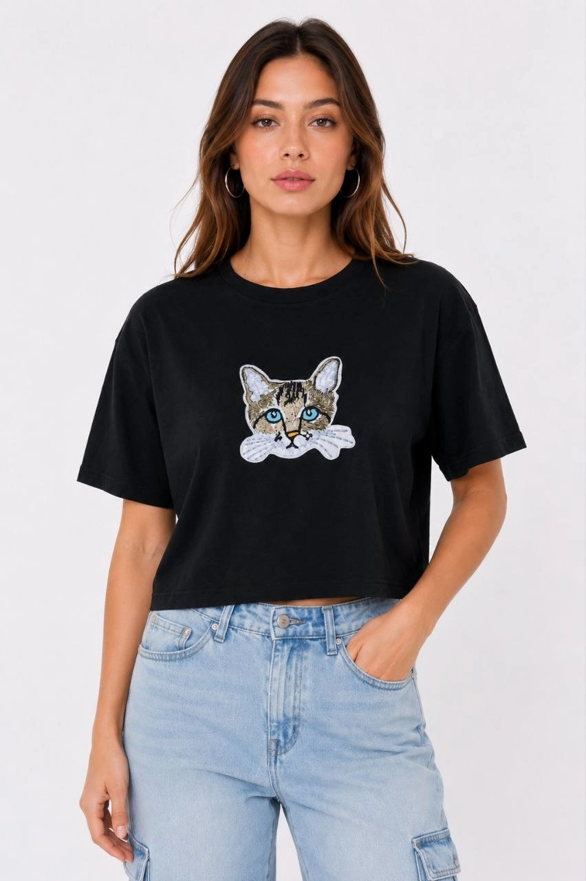 Kadın Kedi Baskılı Oversize Crop Tişört Salaş Basic Yarım Kol T-shirt - Siyah