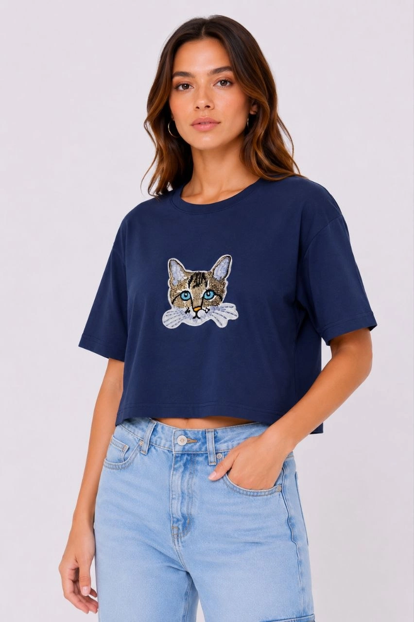 Kadın Kedi Baskılı Oversize Crop Tişört Salaş Basic Yarım Kol T-shirt - Lacivert