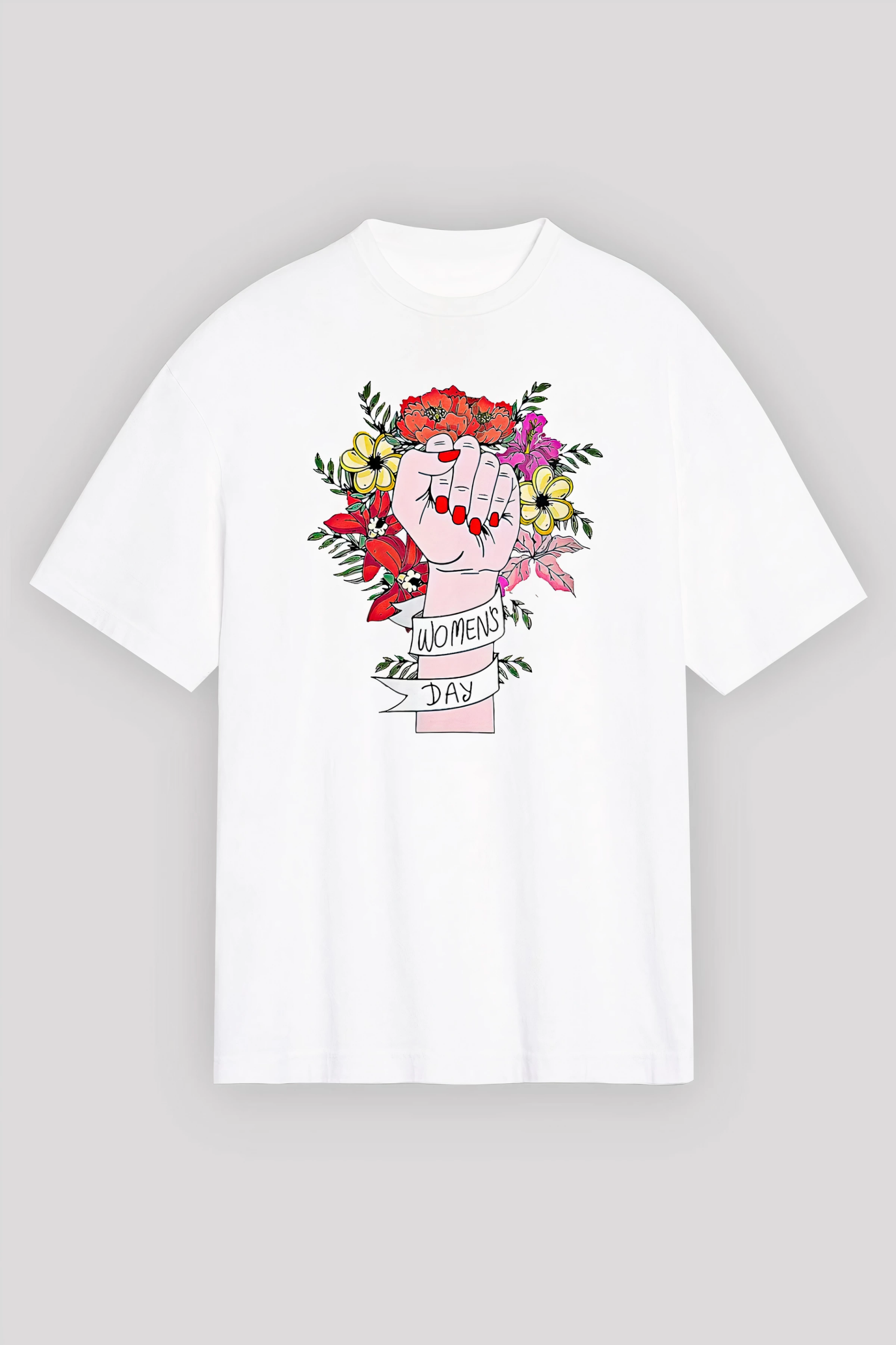 8 Mart Dünya Kadınlar Günü Baskılı Oversize Bisiklet Yaka T-shirt - Beyaz
