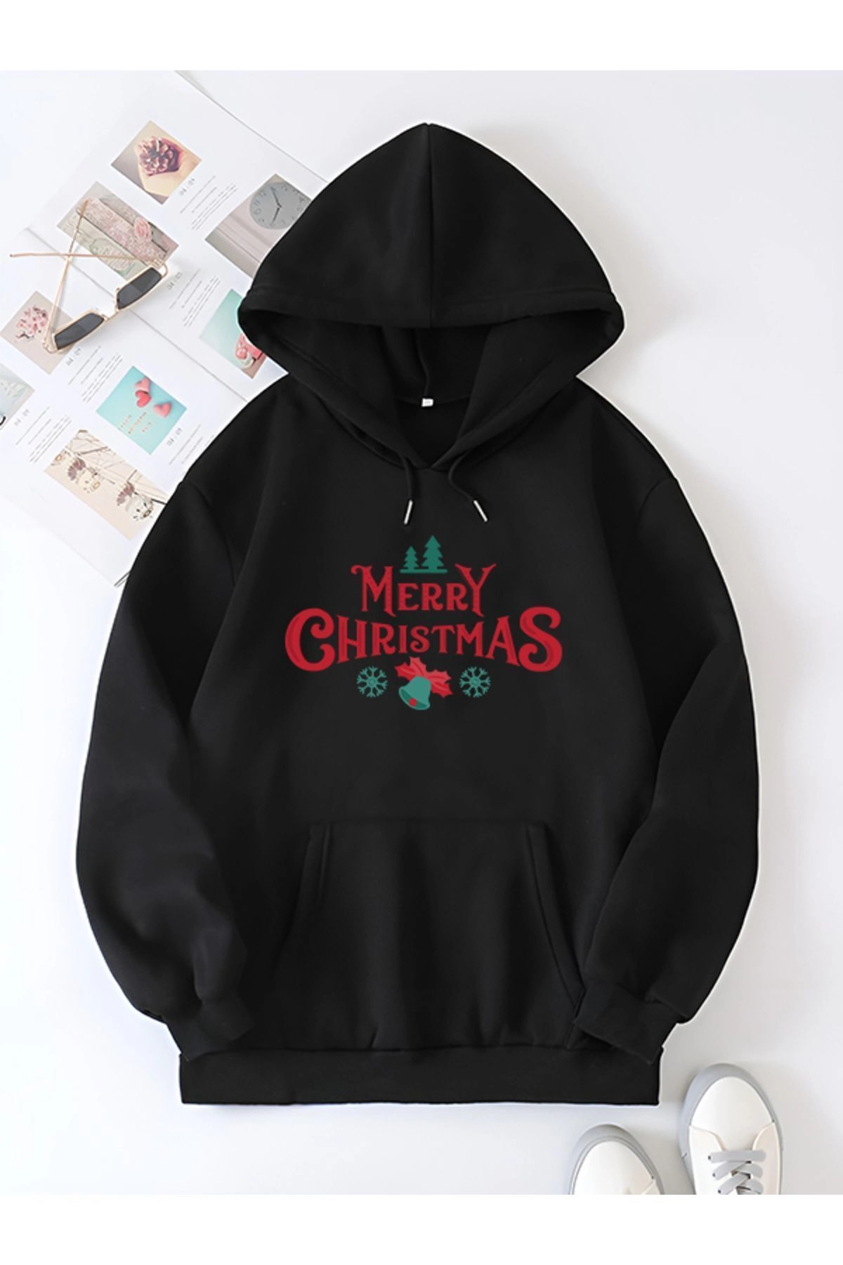 Yılbaşı Merry Christmas Baskılı Oversize Kapüşonlu Sweatshirt Hoodie - Siyah