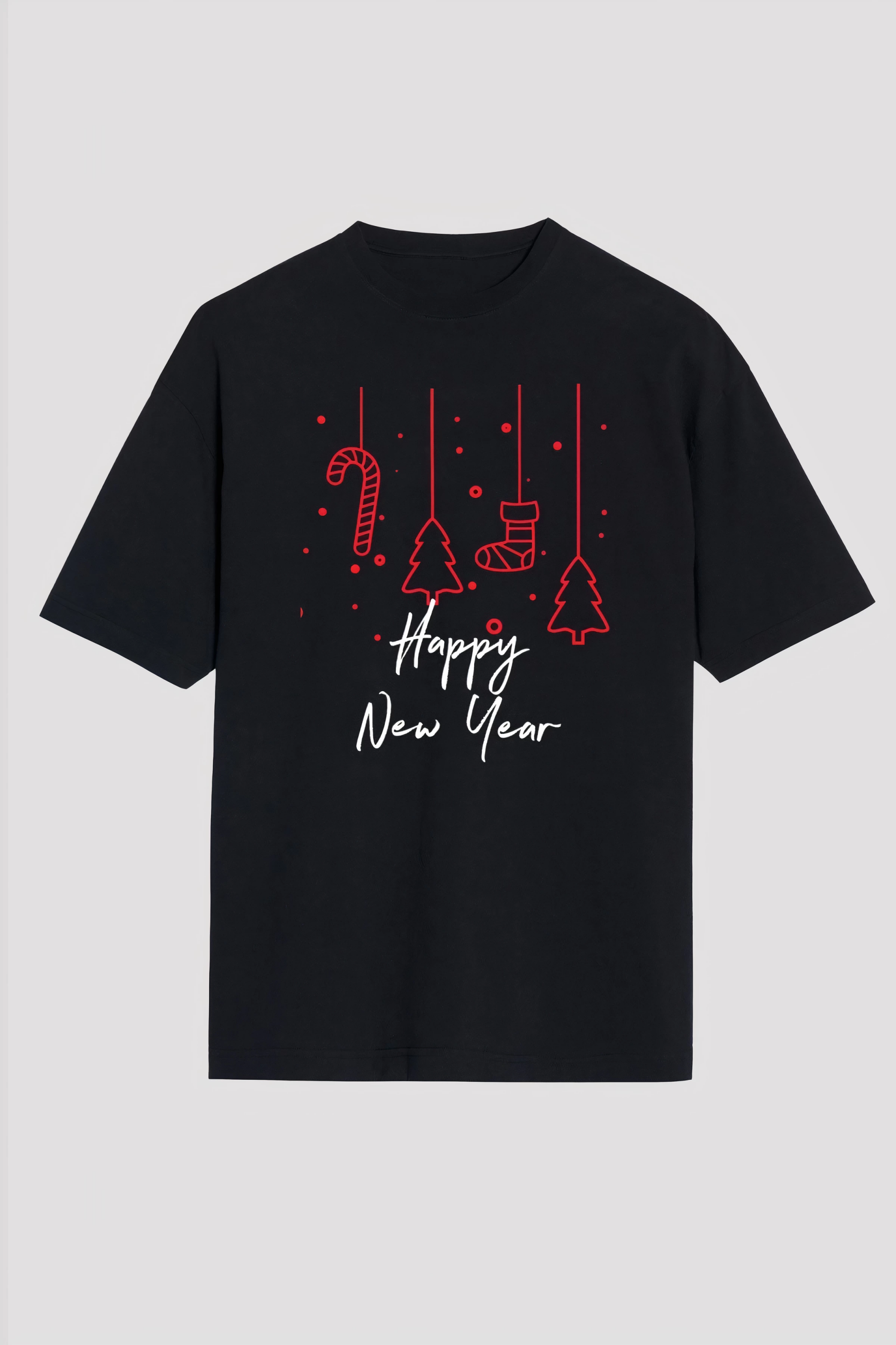 Yılbaşı Happy New Year Baskılı Kısa Kollu Oversize Bisiklet Yaka T-shirt - Siyah