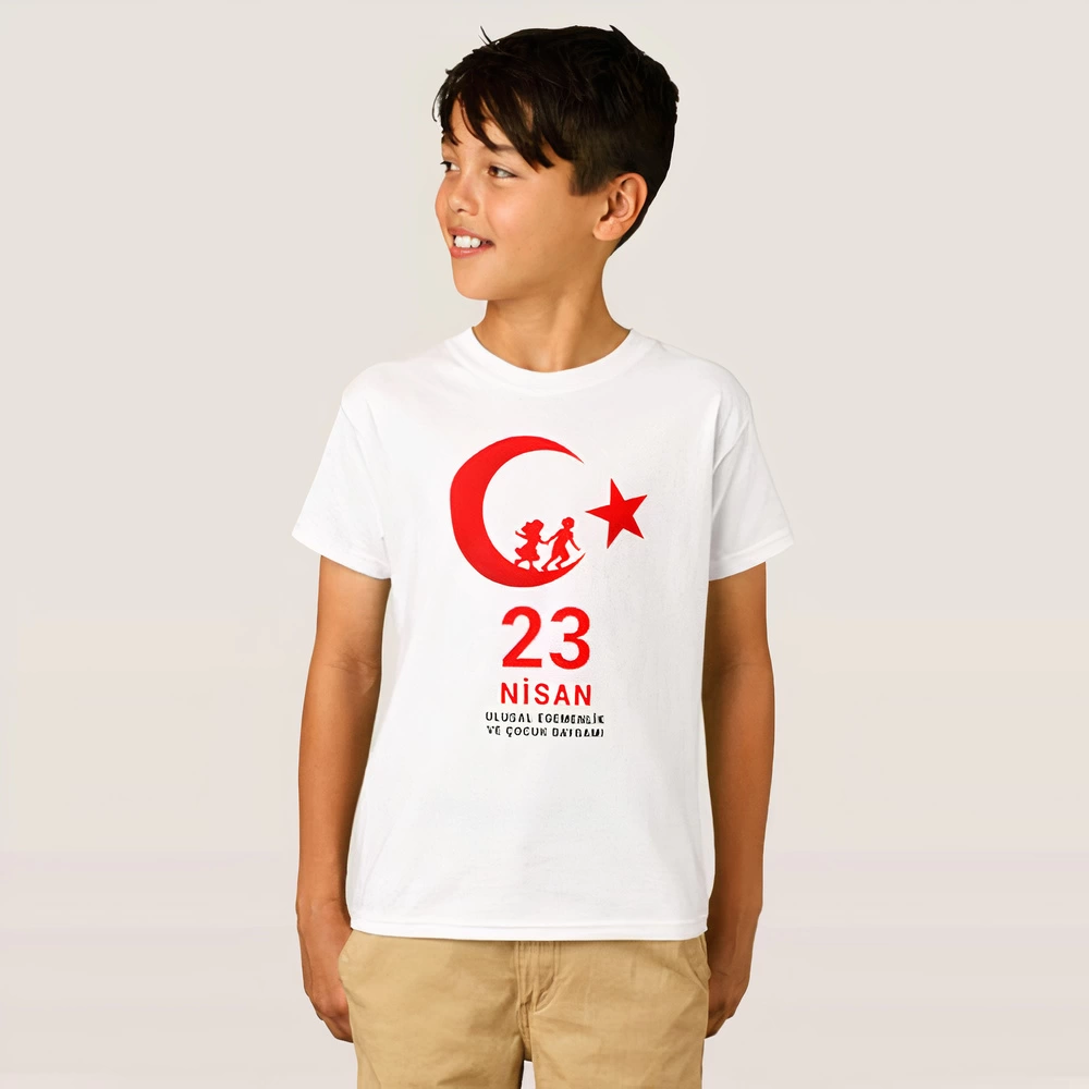 Çocuk 23 Nisan Ulusal Egemenlik ve Çocuk Bayramı Baskılı Bisiklet Yaka T-shirt - Beyaz