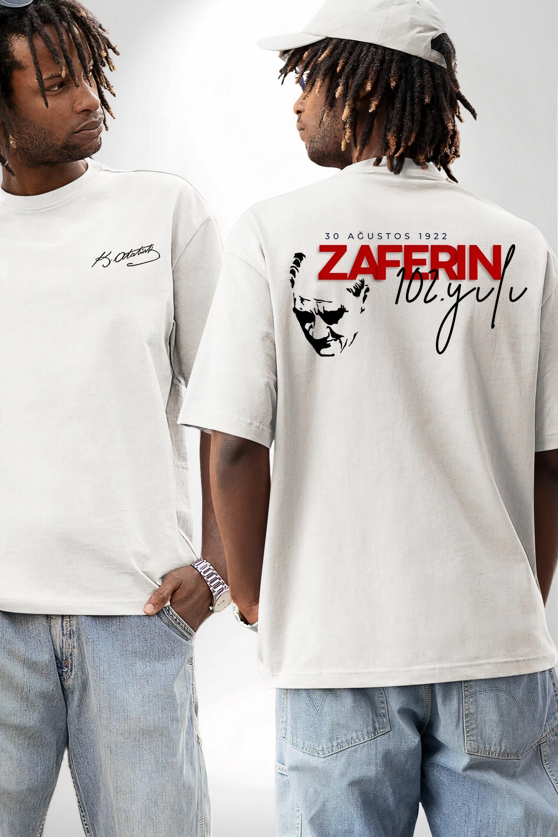 30 Ağustos Zafer Bayramı Ön Arka Baskılı Oversize Bisiklet Yaka T-shirt - Beyaz