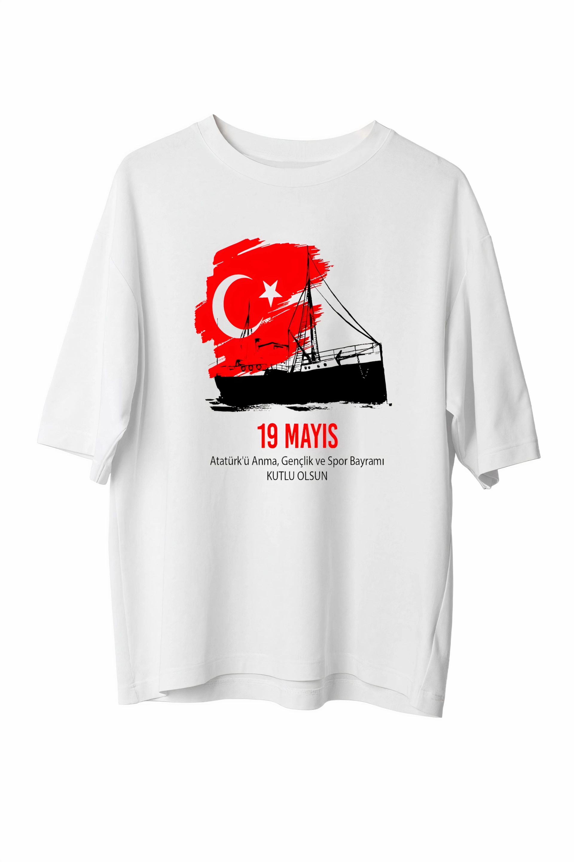 19 Mayıs Atatürk'ü Anma Gençlik ve Spor Bayramı Baskılı Oversize T-shirt - Beyaz