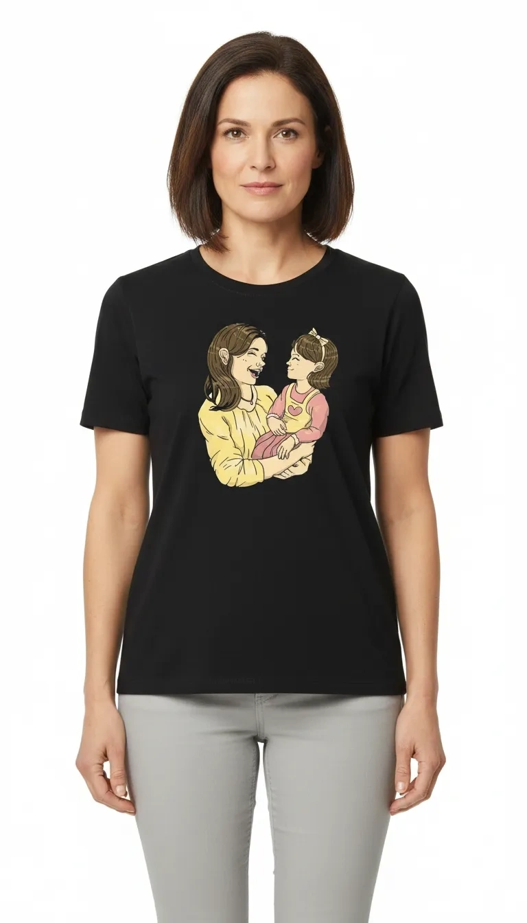 Anneler Günü Hediye Anne Kız Temalı Baskılı Oversize Bisiklet Yaka T-shirt - Siyah