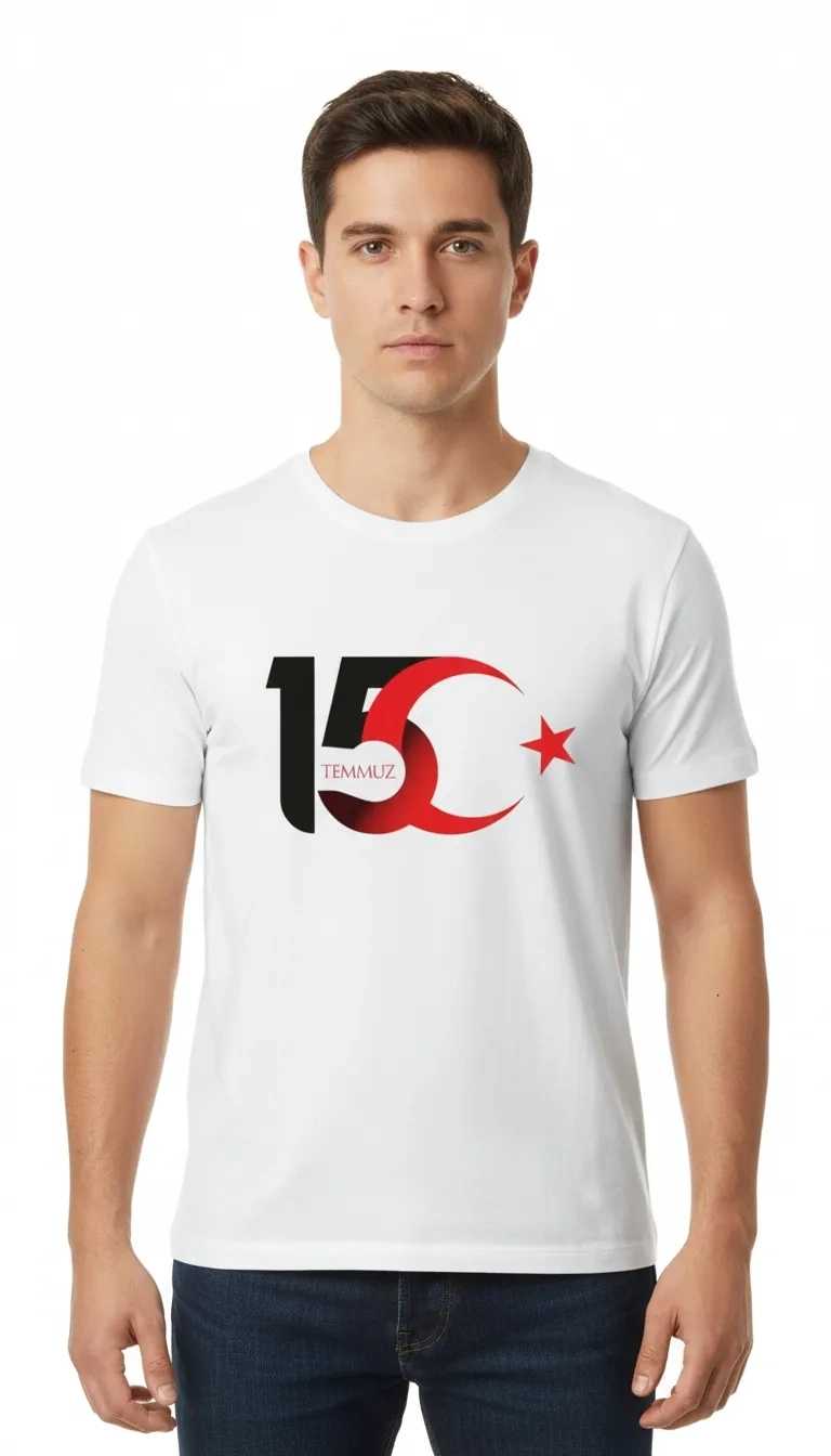 15 Temmuz Demokrasi ve Milli Birlik Günü Ay Yıldız Baskılı T-shirt - Beyaz