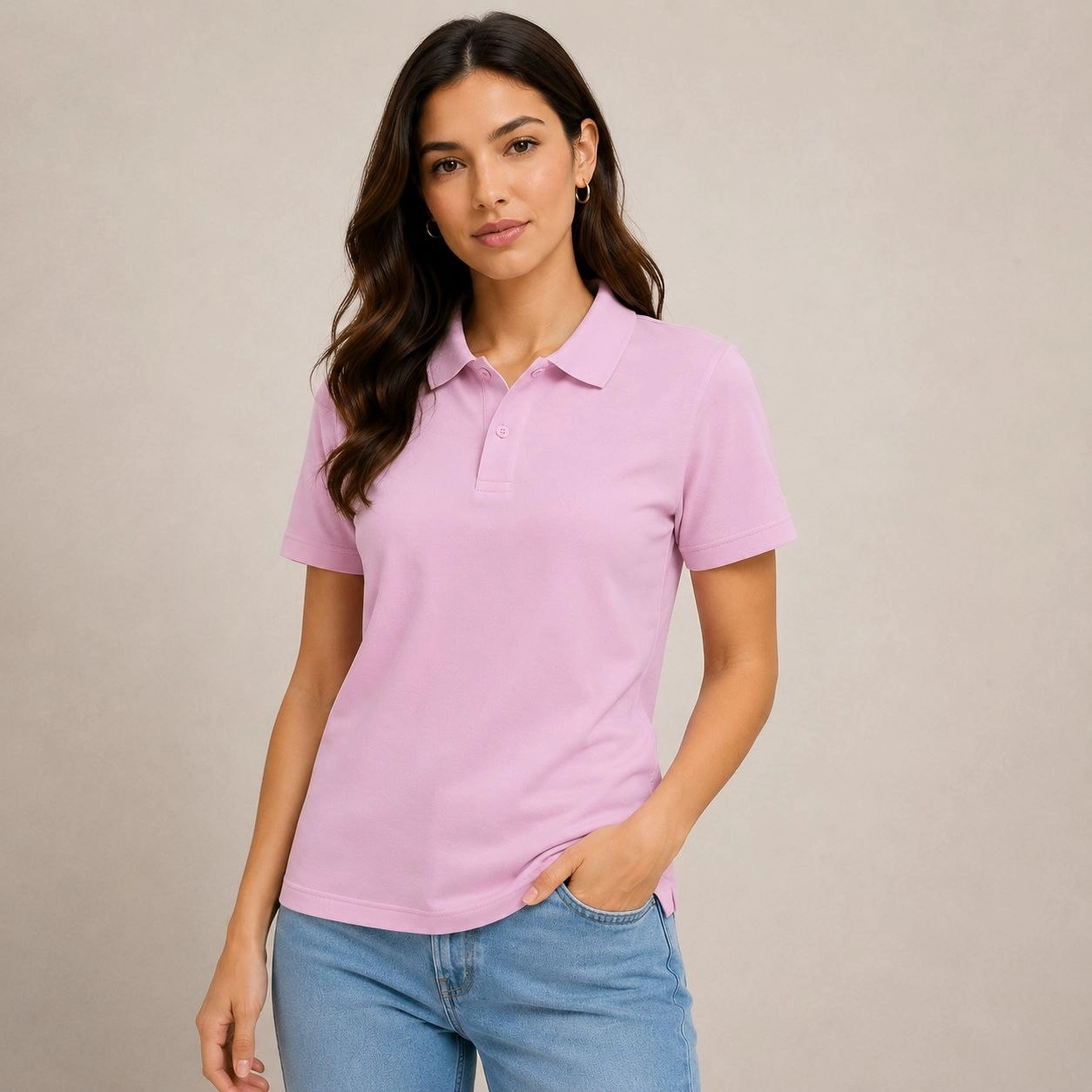 Kadın Polo Yaka Pike Kumaş Düğmeli Basic Tişört Günlük Rahat - Pembe