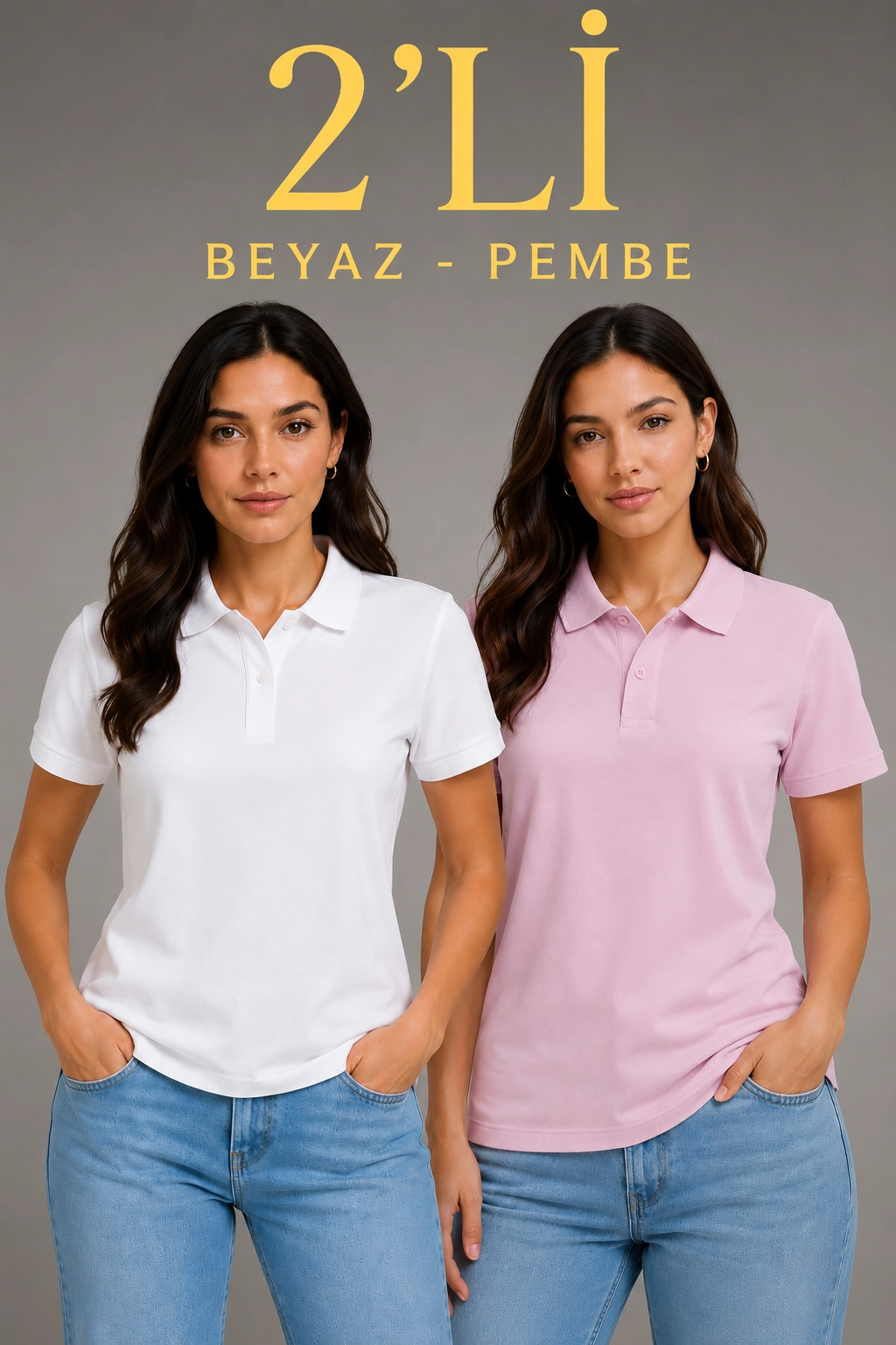 2'li Kadın Polo Yaka Pike Kumaş Düğmeli Basic Tişört Günlük Rahat Kesim - Beyaz, Pembe