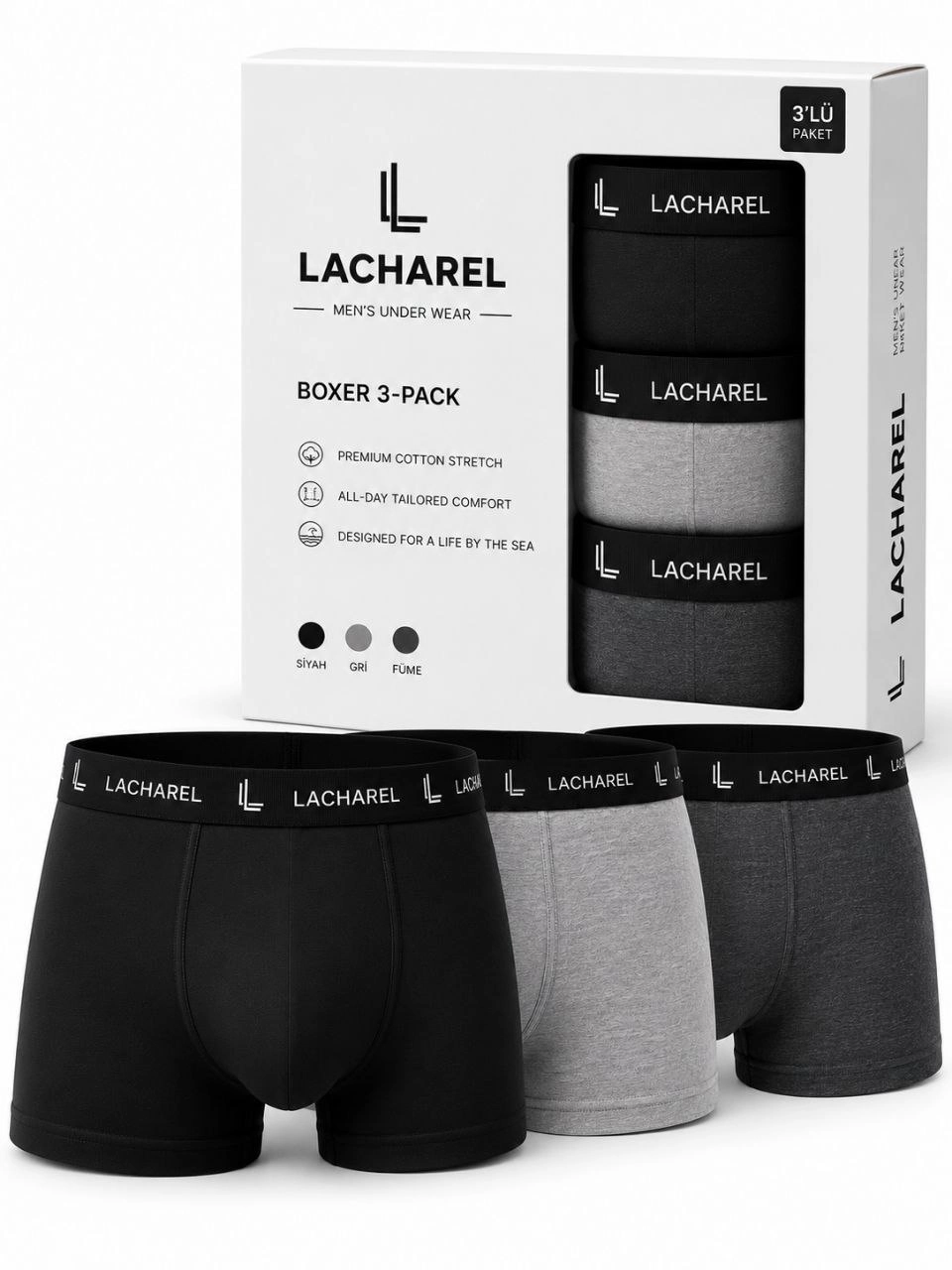 Erkek Likralı Pamuklu Nefes Alan Penye Boxer 3'lü Paket - Siyah - Gri - Füme