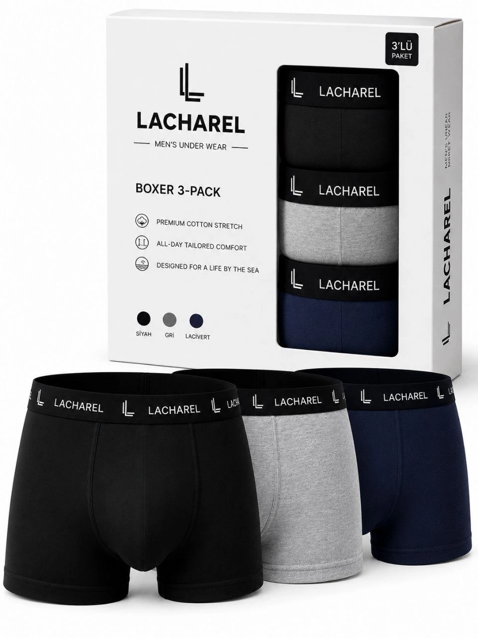 Erkek Likralı Pamuklu Nefes Alan Penye Boxer 3'lü Paket - Siyah - Gri - Lacivert