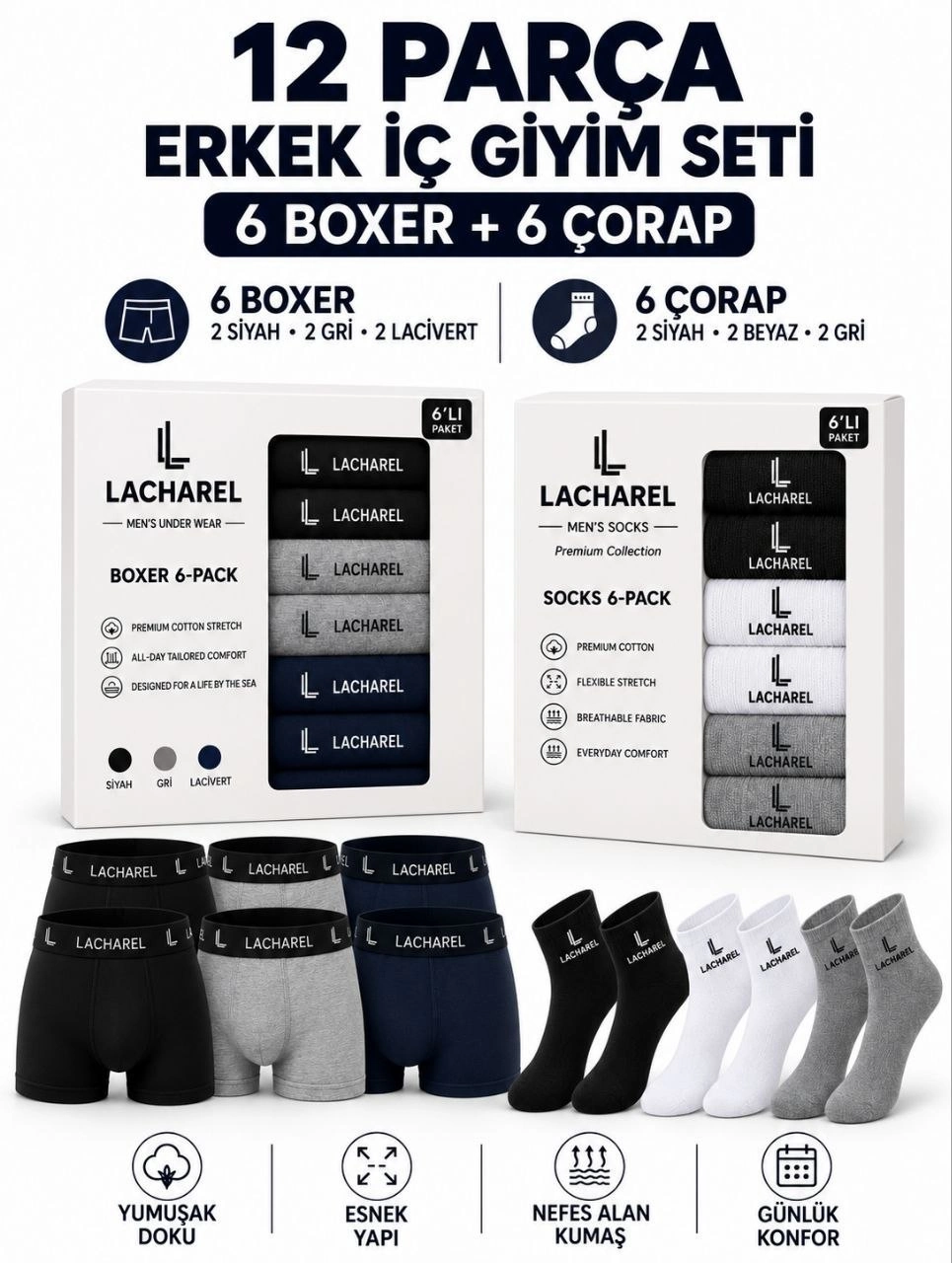 Erkek 12'li İç Giyim Seti Pamuklu 6 Boxer 6 Çorap Çoklu Paket - Siyah - Lacivert - Gri - Beyaz