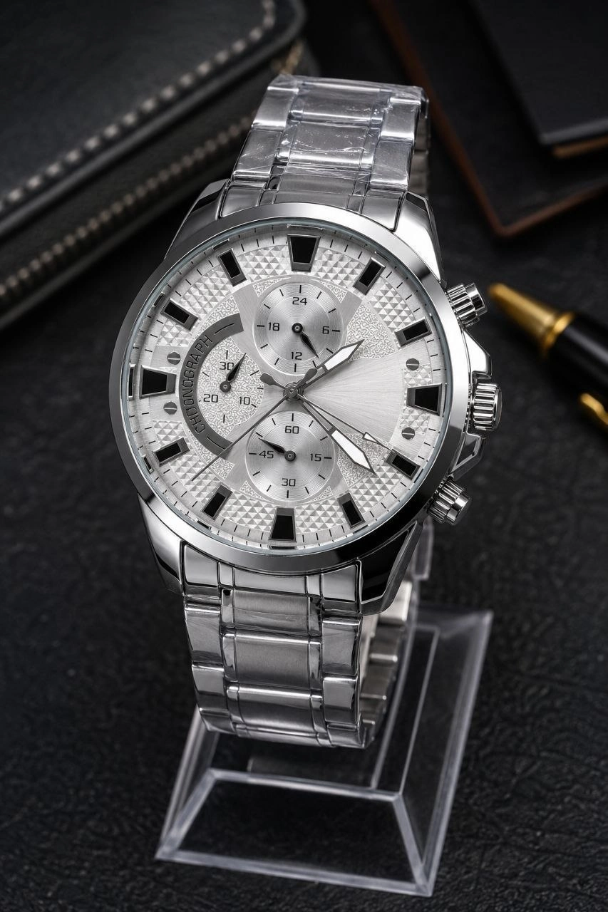 Erkek Gümüş Renk Metal Kordon Analog Kol Saati 24 Saat Takvim Göstergeli Gri Kadran - Gümüş