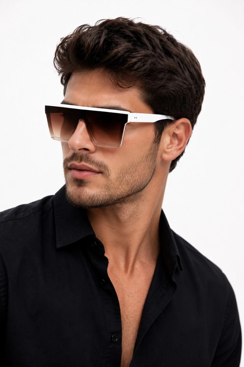 Erkek UV400 Güneş Gözlüğü Beyaz Çerçeveli Kahverengi Degrade Cam Kare Tasarım